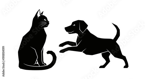 Black silhouette of a cat observing a dog ready to jump against a white background