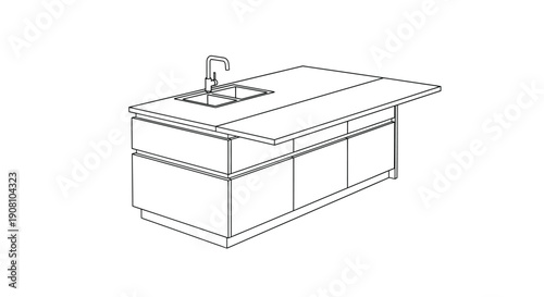 Line drawing of a modern kitchen island with a single faucet