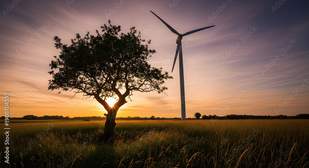 Obraz premium Solitary Tree and Wind Turbine at Golden Hour . Generative-AI.