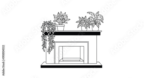 Minimalist illustration of a fireplace adorned with hanging and potted plants