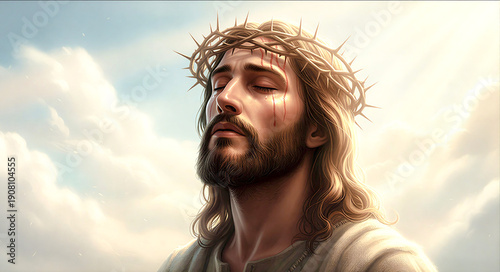 Jesus Christ wearing the crown of thorns, looking upward toward heavenly light with tears of compassion