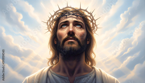 Jesus Christ wearing the crown of thorns, looking upward toward heavenly light with tears of compassion