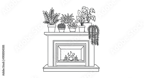 Line drawing of a fireplace mantel decorated with potted plants