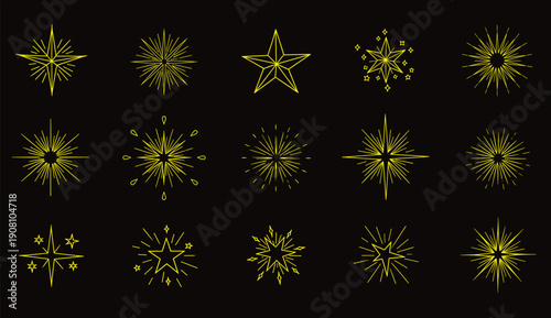 Yellow starburst sparkle icons, radiant glowing decorative bursts, festive abstract shining light design elements collection
