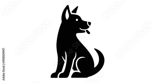 Black silhouette of a dog sitting with tongue out against white backdrop