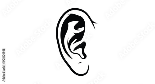 A stylized black and white illustration of a human ear