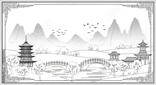 Black and White Illustration of a Serene Bridge Connecting Landmasses with Pagodas, Mountains, Trees, and Intricate Border Design in a Tranquil Landscape