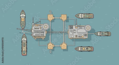 Offshore Oil Rig with Connected Platforms and Ships