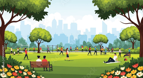 Vibrant Digital Illustration of Urban Park with People Enjoying Recreation under Clear Sky and Lush Greenery