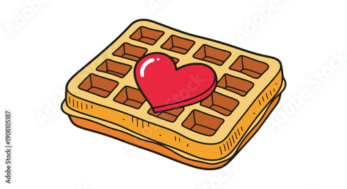 A colorful illustration of a waffle with a heart shaped chocolate piece