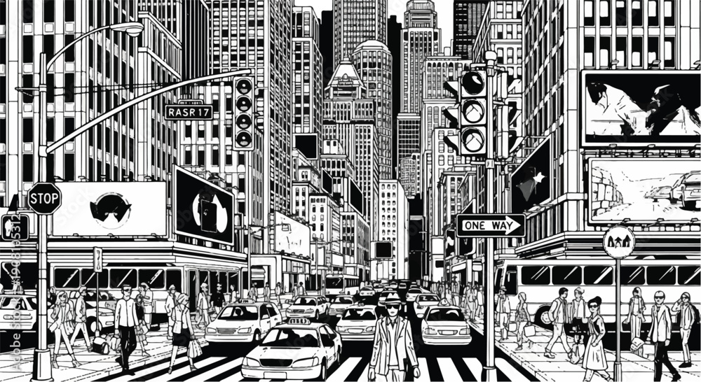 Fototapeta premium Black-and-White Illustration of Busy City Street with Crosswalk, Cars, Buildings, and Lively Atmosphere