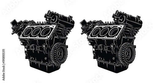 Two black and white illustrations of automotive engine blocks are displayed
