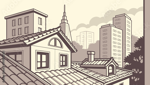 Traditional Rooftops Modern City Vector