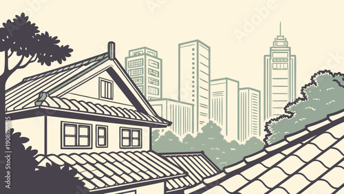 Traditional Rooftops Modern City Vector