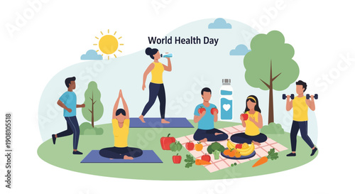 Flat Illustration Group of People Celebrating World Health Day with Activity