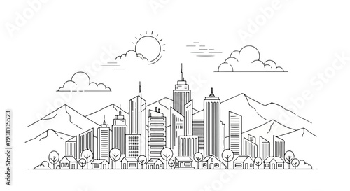 Line Drawing of Bustling Cityscape with Skyscrapers, Trees, Clouds, and Mountain Peaks in Simple Cartoony Style