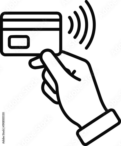 Contactless payment concept illustration featuring hand holding credit card near wireless terminal signal symbol for modern financial transactions and secure banking technology applications