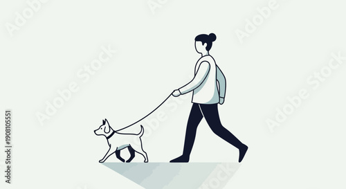 Woman walking dog illustration isolated on white background copy space