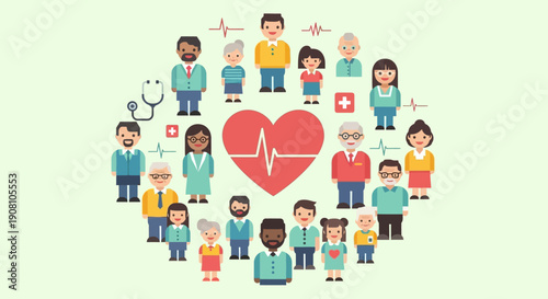 Flat Design Diverse Community Around Heart Healthcare and Well Being Illustration