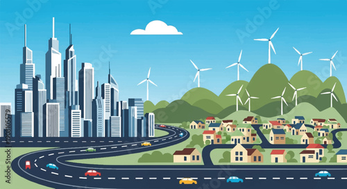 Vibrant Illustration of Urban Cityscape with Highway and Wind Turbines Set Against Sunny Sky and Rolling Countryside