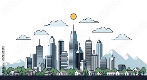 Stylized Urban Landscape with Modern Cityscape, Skyscrapers, Trees, Clouds, and Distant Mountains