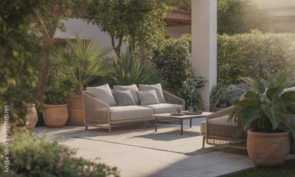 Fototapeta premium Relaxing outdoor patio scene with seating, plants, and sunlight