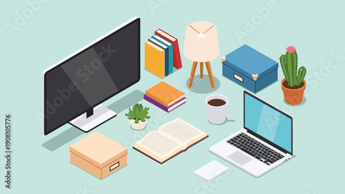 Modern workspace illustration featuring a large desktop monitor a laptop books a table lamp and various office accessories on a teal background.
