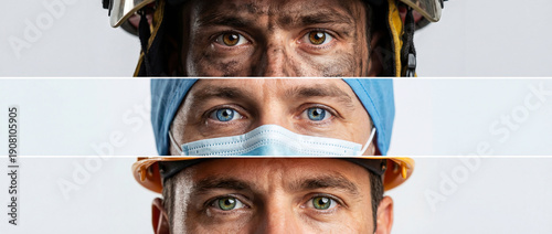Detail of a portrait of men's faces with various professions