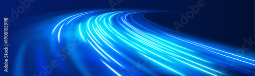 Dynamic glowing arcs flow diagonally, forming visual paths of speed and energy. Motion blur adds depth and intensity. Ideal for digital vector.