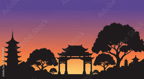 Serene sunset landscape featuring pagoda, trees, gate, and gently rolling hills with vibrant sky gradient and detailed silhouettes