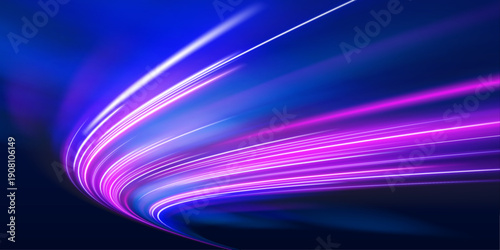 Dynamic glowing arcs flow diagonally, forming visual paths of speed and energy. Motion blur adds depth and intensity. Ideal for digital vector.