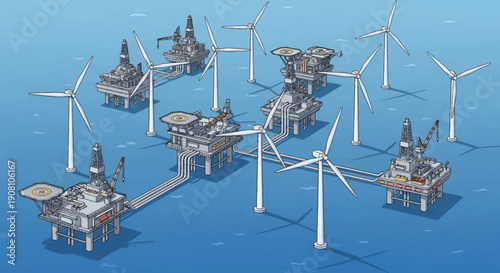 Offshore oil rigs and wind turbines in ocean
