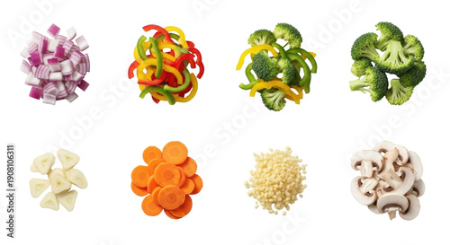Sliced and chopped fresh vegetables isolated on white background