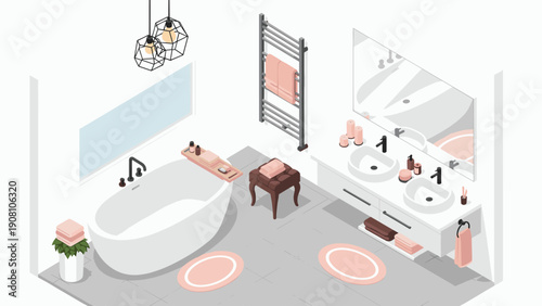 Spacious and modern bathroom interior featuring a large white bathtub double vanity sinks mirrored wall and stylish rose gold accents.