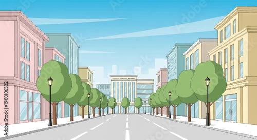 Serene Vibrant Pastel City Street with Lush Greenery and Symmetrical Architecture in Calm Urban Setting
