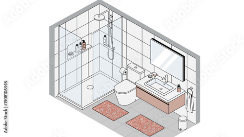 Contemporary bathroom design featuring a glass walk in shower wall hung toilet vanity with sink and stylish pink accessories.
