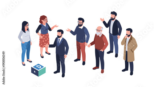 Set of diverse isometric characters standing and engaged in a friendly conversation within a clean white social interaction space.