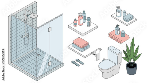 Collection of modern bathroom fixtures and stylish accessories including a glass shower cabin, toilet, towels, and various bottles.