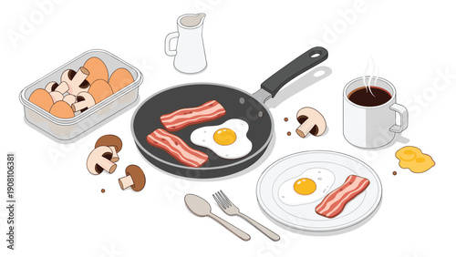 Traditional breakfast food layout featuring perfectly fried eggs, crispy bacon strips, fresh mushrooms, and a hot cup of black coffee.