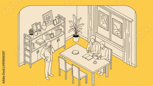 Professional meeting scene in a warm-toned office interior featuring colleagues discussing work at a long table near a bookshelf.