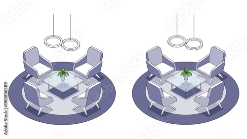 Visual comparison of two identical contemporary living room seating arrangements with blue armchairs and a glass coffee table set.