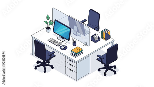 Shared modern office workstation design with two computers, ergonomic chairs, protective glass partitions, and organized supplies.