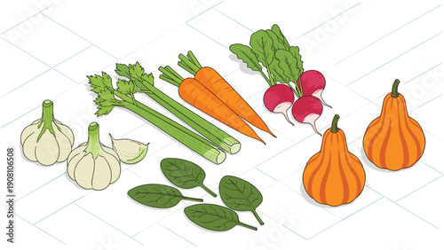 Assortment of fresh garden vegetables including orange carrots, celery stalks, radishes, garlic bulbs, squash, and green spinach leaves.
