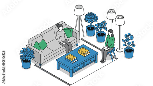 Two women sitting in a modern living room having a private therapy session or friendly conversation surrounded by leafy house plants.