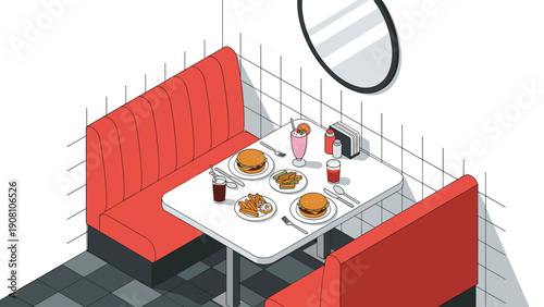 Retro diner booth featuring red upholstered leather seats and a table set with burgers, french fries, milkshakes, and hot coffee.
