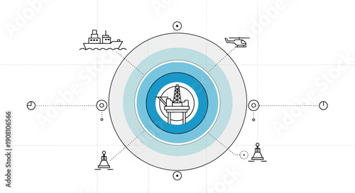 Industrial offshore oil rig with transportation icons around