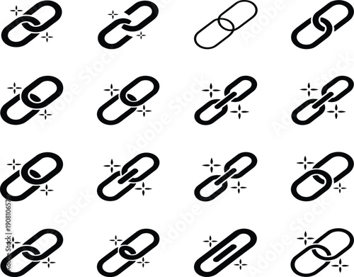Chain link icon set, hyperlink connection symbols, broken and secure links, CAD drawing style flat vector illustration for web interface, UI elements
