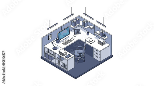 Compact and efficient office cubicle design with a computer, filing cabinets, desk organization tools, and bright overhead lighting.