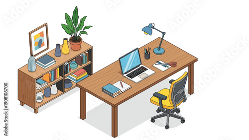 Organized wooden office desk layout featuring a laptop computer, documents, a lamp, and a matching bookshelf with many decor items.