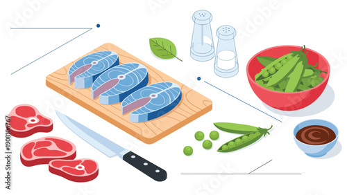 Culinary preparation layout with raw fish steaks, small meat cuts, fresh peas, a sharp metal knife, and various kitchen seasonings.